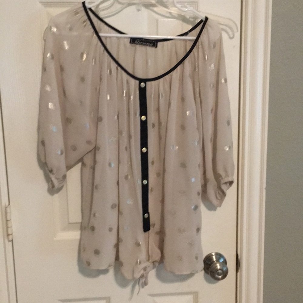 Sheer cream with pale gold dots blk trim